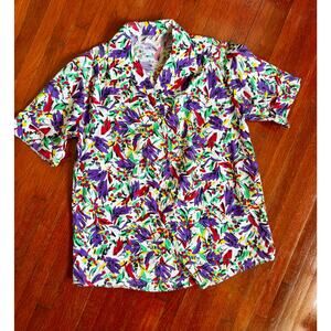 Vintage 80's Funky White Colorful Abstract Short Sleeve Button Up Blouse Medium